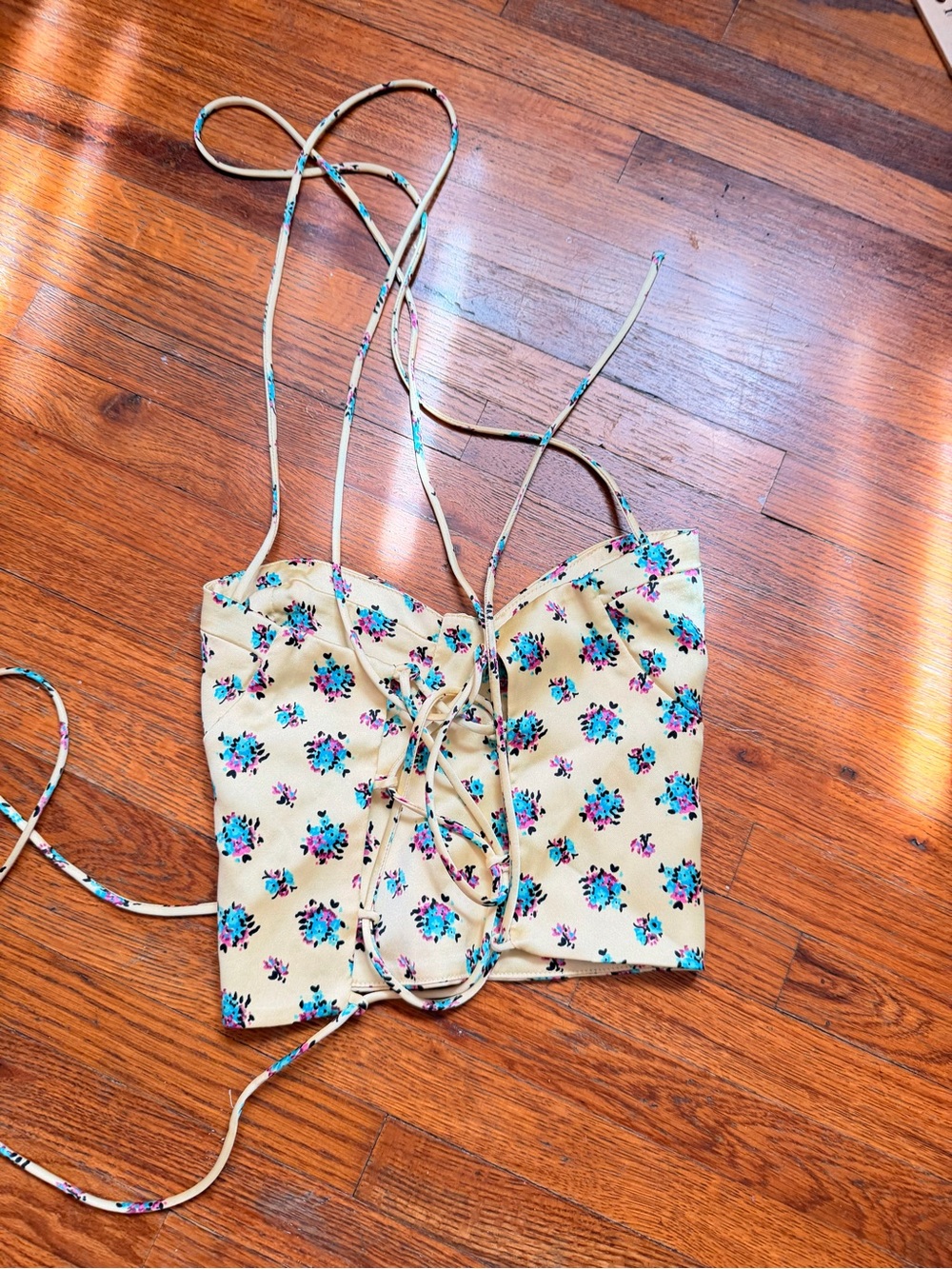 ZARA Floral Corset Cami Top M Y2K Strappy Tie - Picture 3 of 4